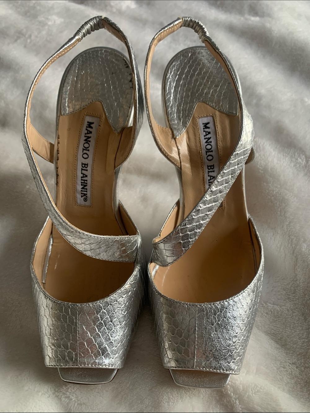 Manolo Blahnik Silver Textured Peep-Toe Slingback Heels